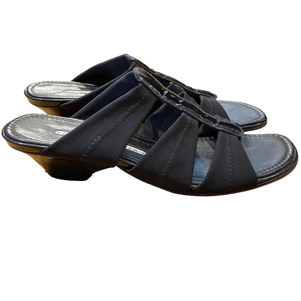 Donald Piner Sandals Womens 6.6  Black Elastic Patent Leather Open Toe Hizzy S1